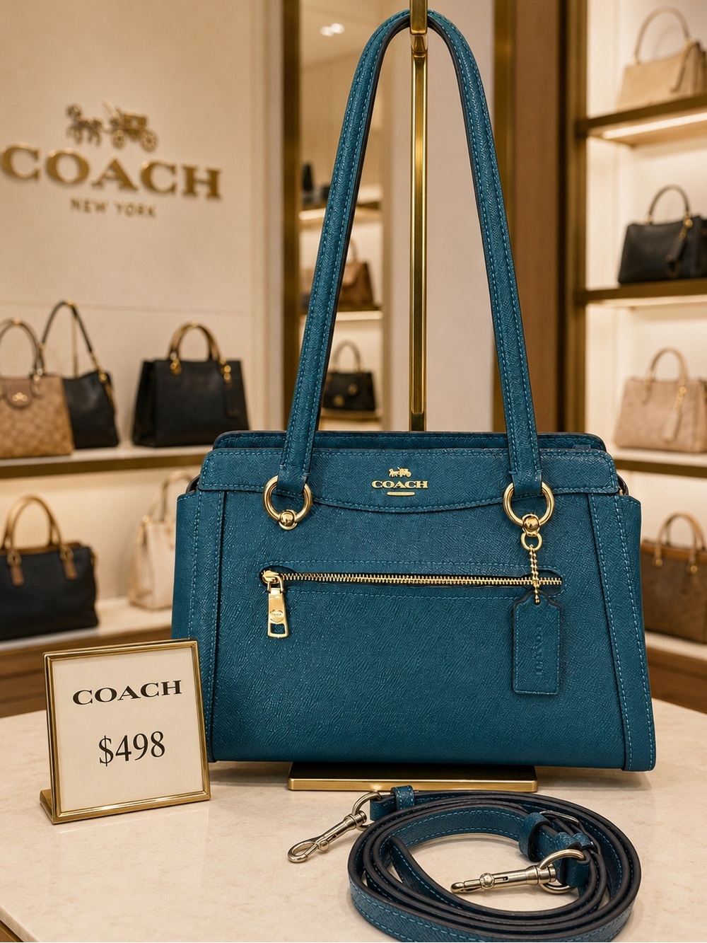 Coach Kailey Carryall Satchel Bag Purse in Teal Blue Green Crossgrain Leather